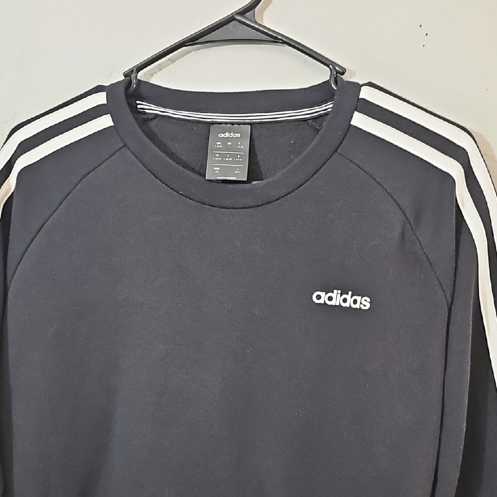 Adidas Crewneck Sweatshirt Black with White Stripes Womens Large Long Sleeve - Picture 2 of 8